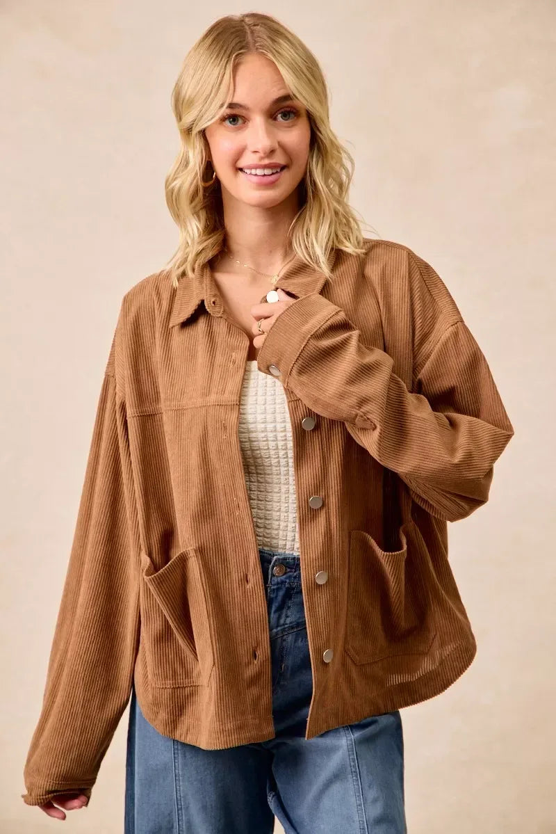 BiBi Corduroy Relaxed Fit Shacket with Back Pleat - DAVERRI FASHIONS