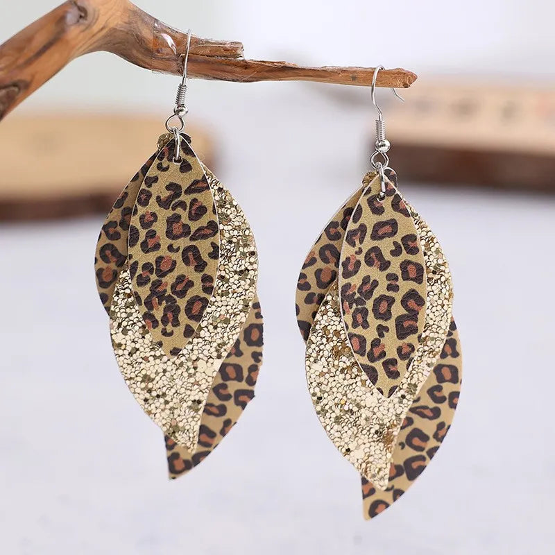 Gold One Size PU Leather Leopard Leaf Earrings | Earrings Daverri Fashions