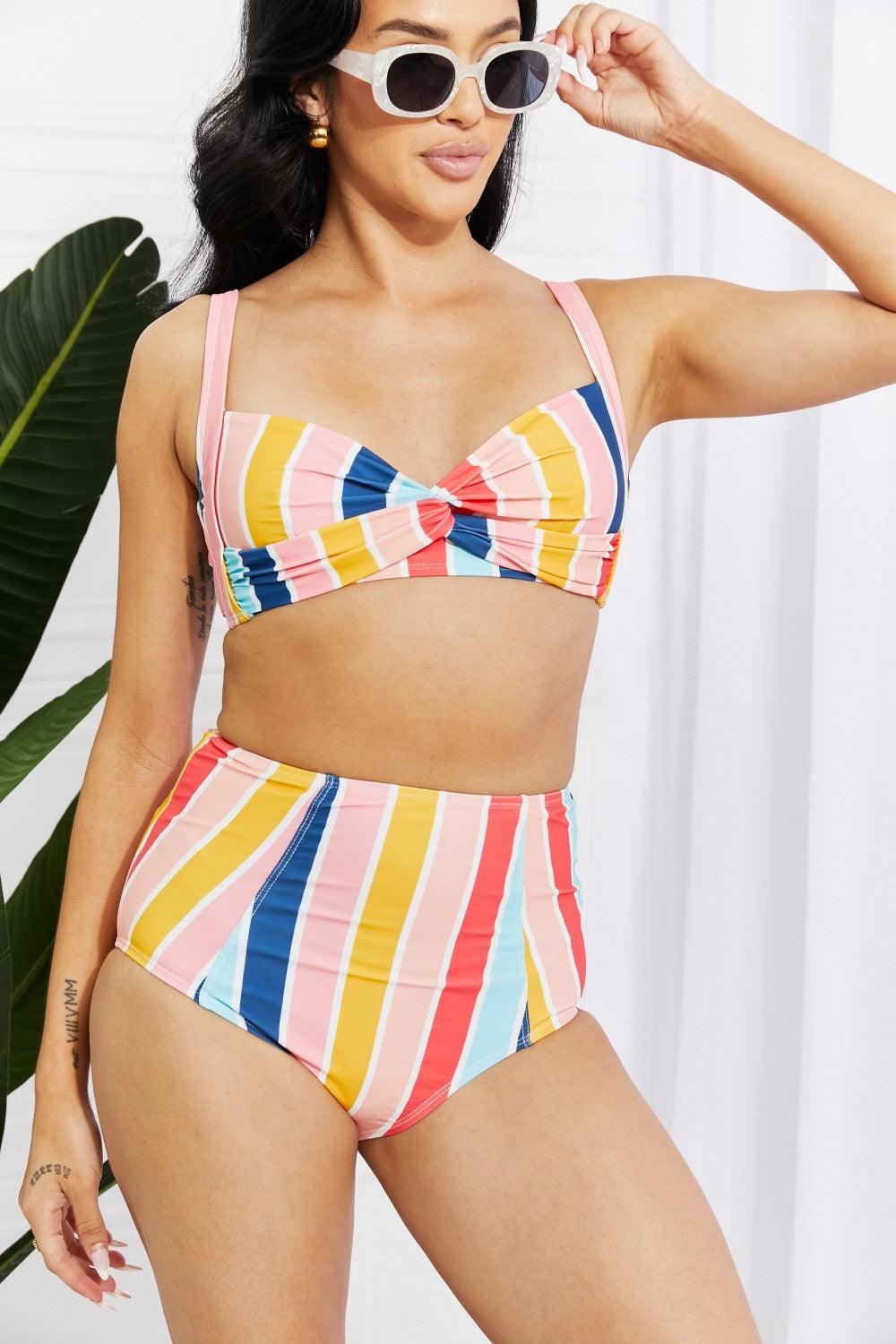 Marina West Swim Take A Dip Twist High-Rise Bikini in Stripe Swimwear