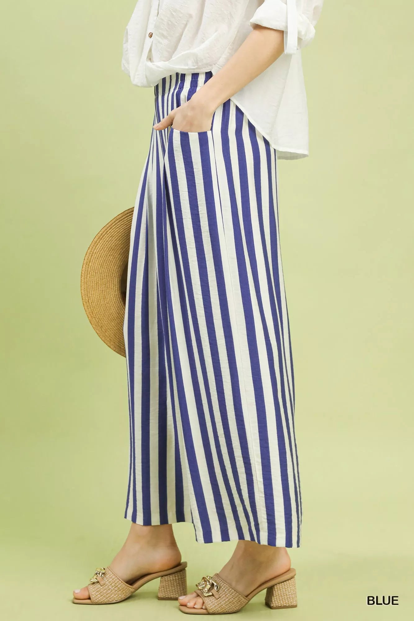 Blue and white vertical stripe Umgee wide-leg pants