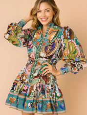 Daverri Fashions multicolored floral print long sleeve mini dress with belt