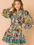 Daverri Fashions Printed Long Sleeve Mini Dress with Belt - DAVERRI FASHIONS