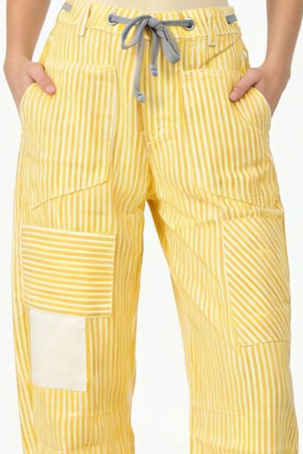 Daverri Striped Wide-Leg Pants with yellow stripes and gray drawstring waistband