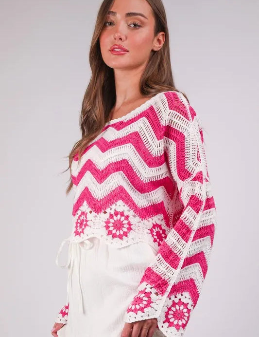 Floral Pattern Crochet Knit Top | Knit Tops Daverri Fashions