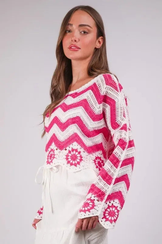 VERY J Chevron/Floral Pattern Crochet Knit Top - DAVERRI FASHIONS