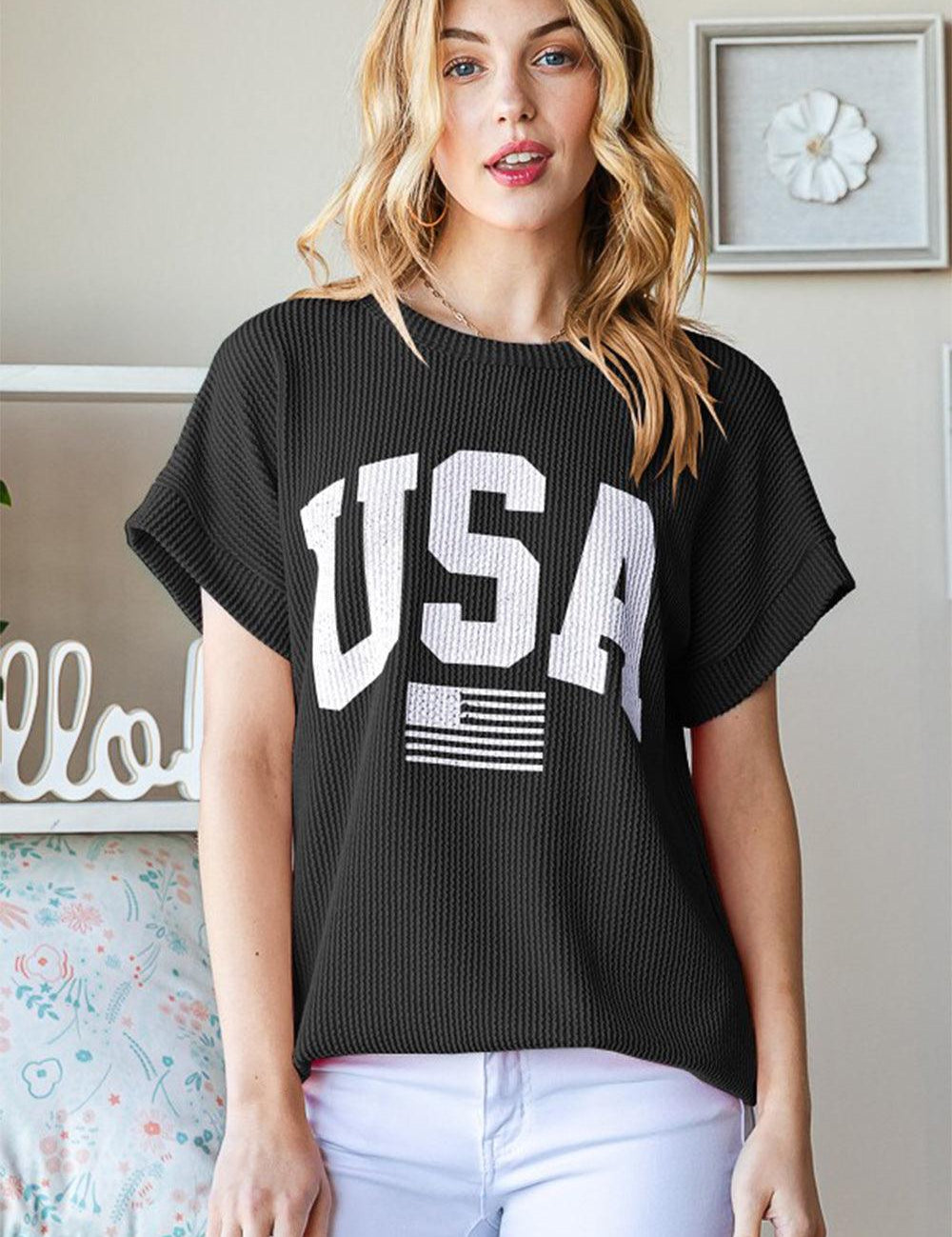Black Heimish Full Size USA Graphic Short Sleeve Ribbed Top | Tops Daverri Fashions