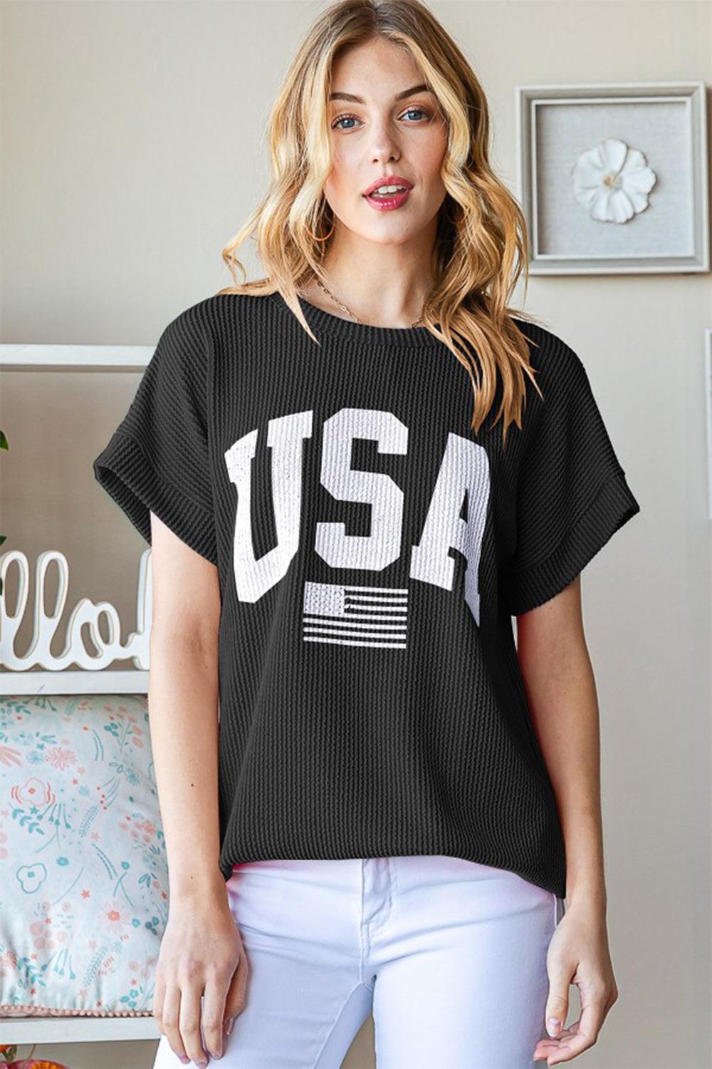 Black Heimish Full Size USA Graphic Short Sleeve Ribbed Top | Tops Daverri Fashions