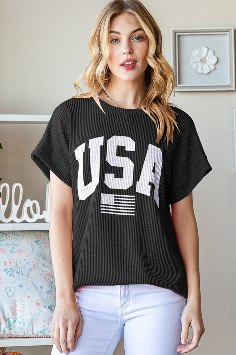 Heimish Full Size USA Graphic Short Sleeve Ribbed Top Black