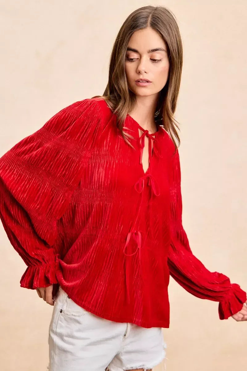 BiBi Christmas Theme Velvet Bow Tied Top With Neck Drop - DAVERRI FASHIONS