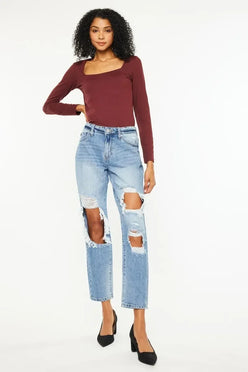Kancan High Rise Distressed Boyfriend Jeans - DAVERRI FASHIONS