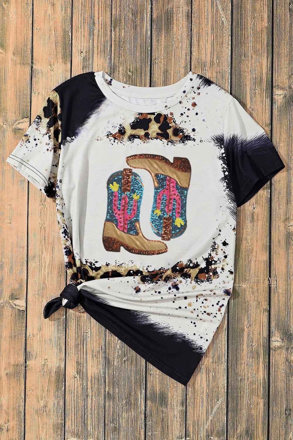 Sequin Boots Leopard Round Neck Short Sleeve T-Shirt | T-Shirts Daverri Fashions