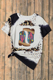 Sequin Boots Leopard Round Neck Short Sleeve T-Shirt | T-Shirts Daverri Fashions