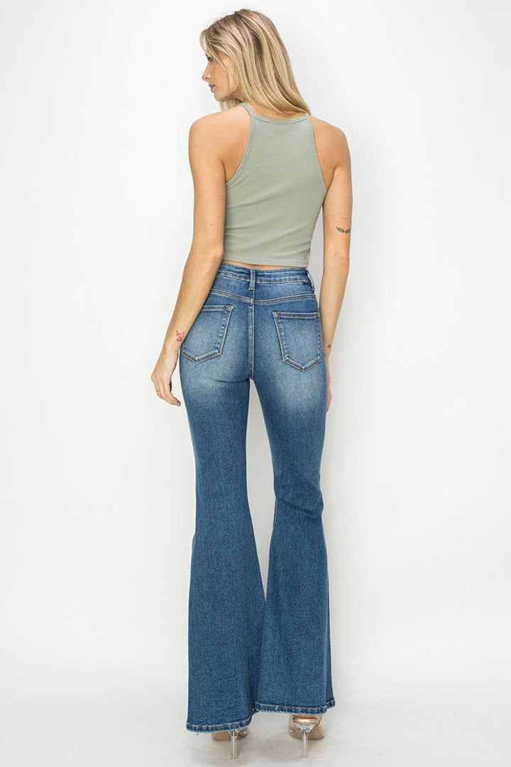 RISEN Full Size High Rise Front Seam Detailed Flare Jeans Jeans