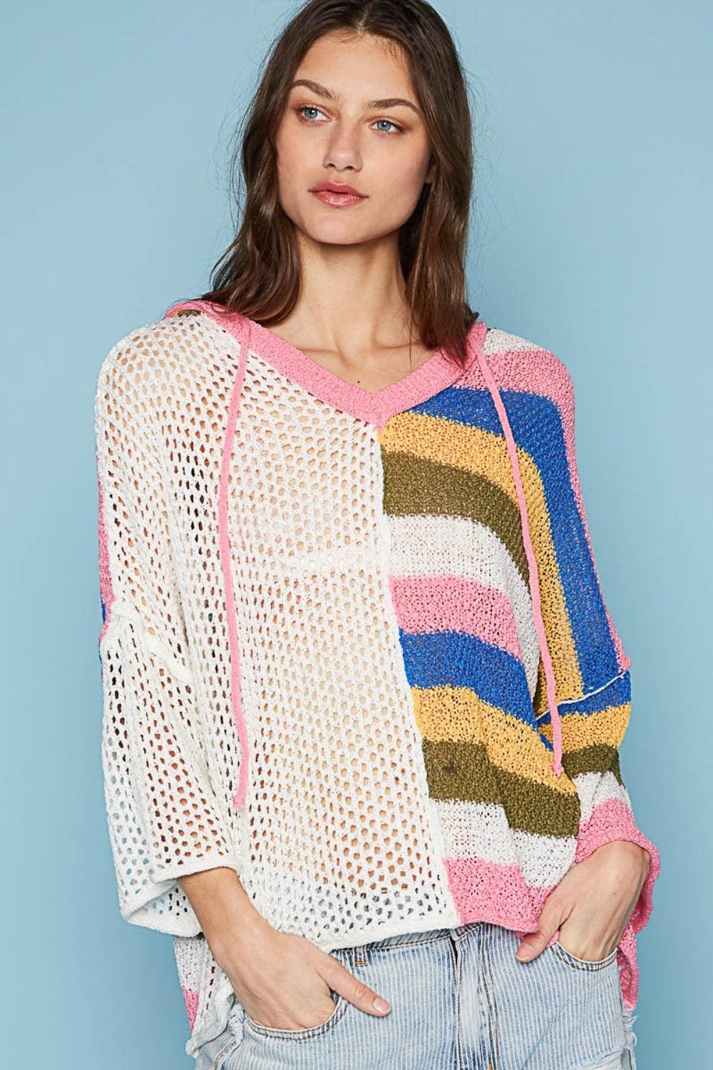 POL Drawstring Color Block Hooded Knit Top Ivory Multi L Shirts & Tops