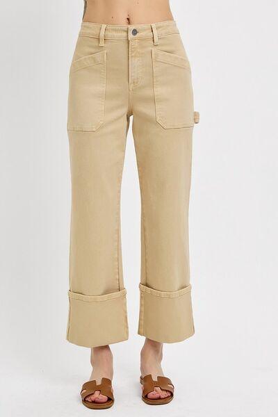 RISEN Full Size High Rise Wide Straight Cuffed Patch Jeans Plus Size Tan 5(27)