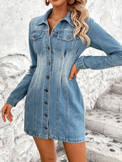 Pocketed Button Up Long Sleeve Denim Dress | Mini Dresses Daverri Fashions