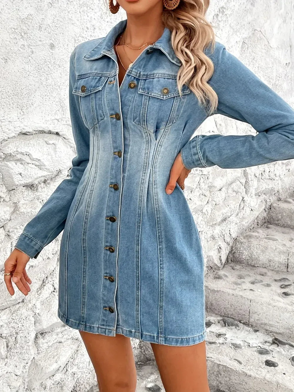 Pocketed Button Up Long Sleeve Denim Dress - DAVERRI FASHIONS