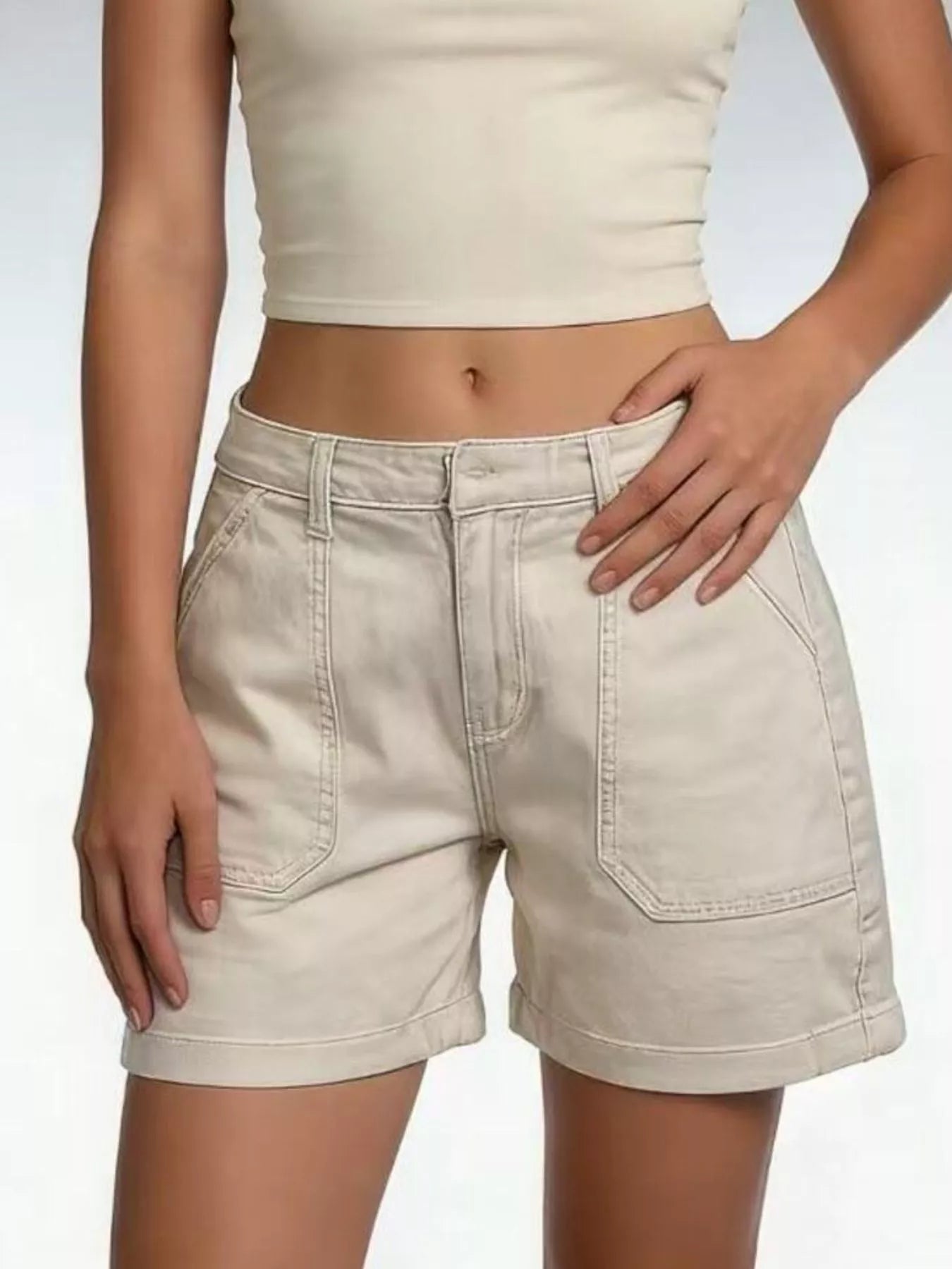 Daverri Pocketed Denim Shorts: beige high-waisted with rolled cuffs