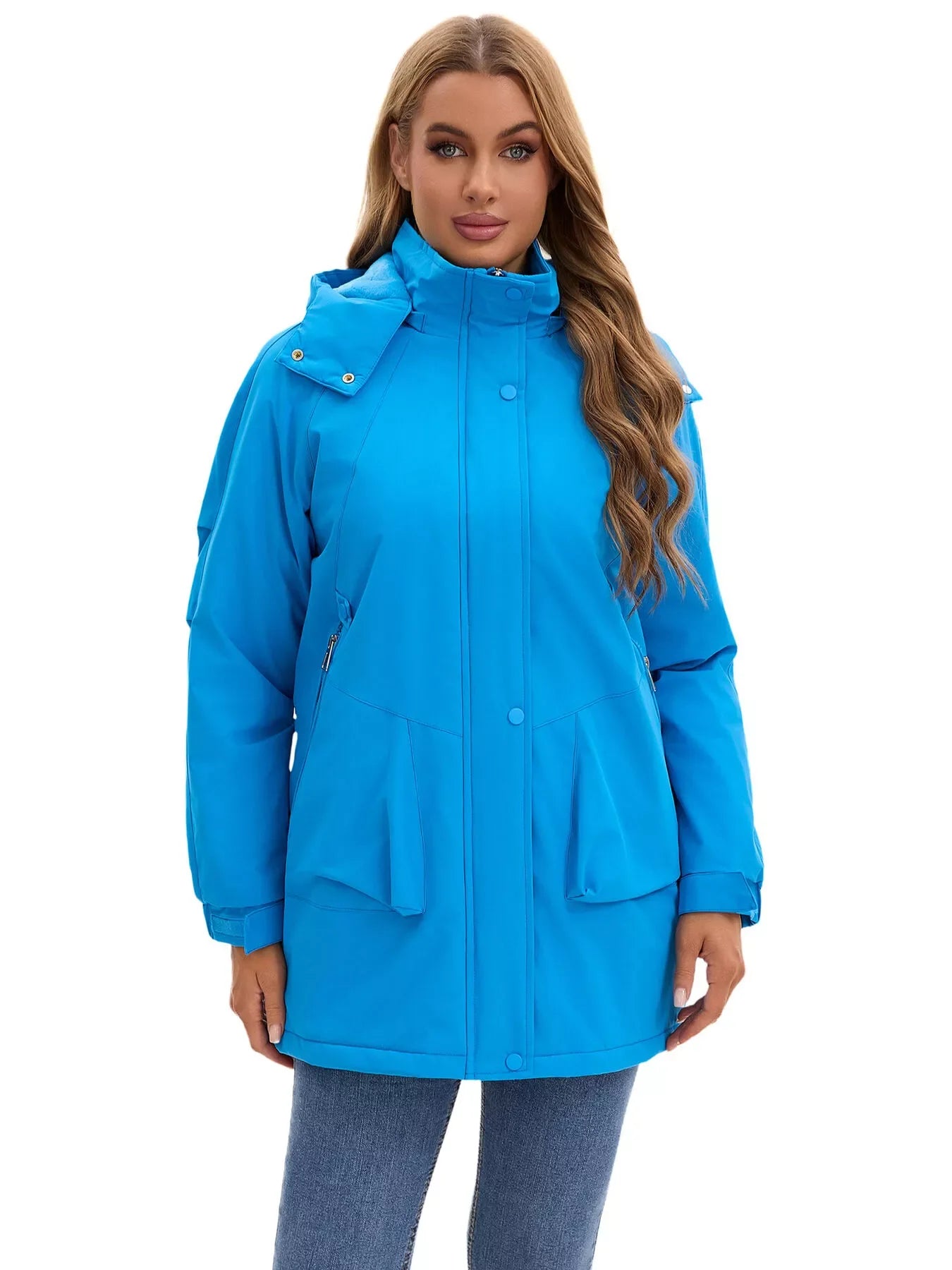 Bright blue puffy Daverri Fashions hooded mid-length windproof plus size coat