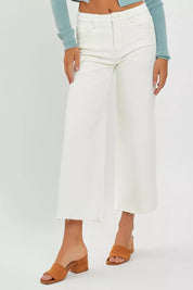 Cream RISEN Tummy Control High Rise Crop Wide Jeans | Jeans Daverri Fashions