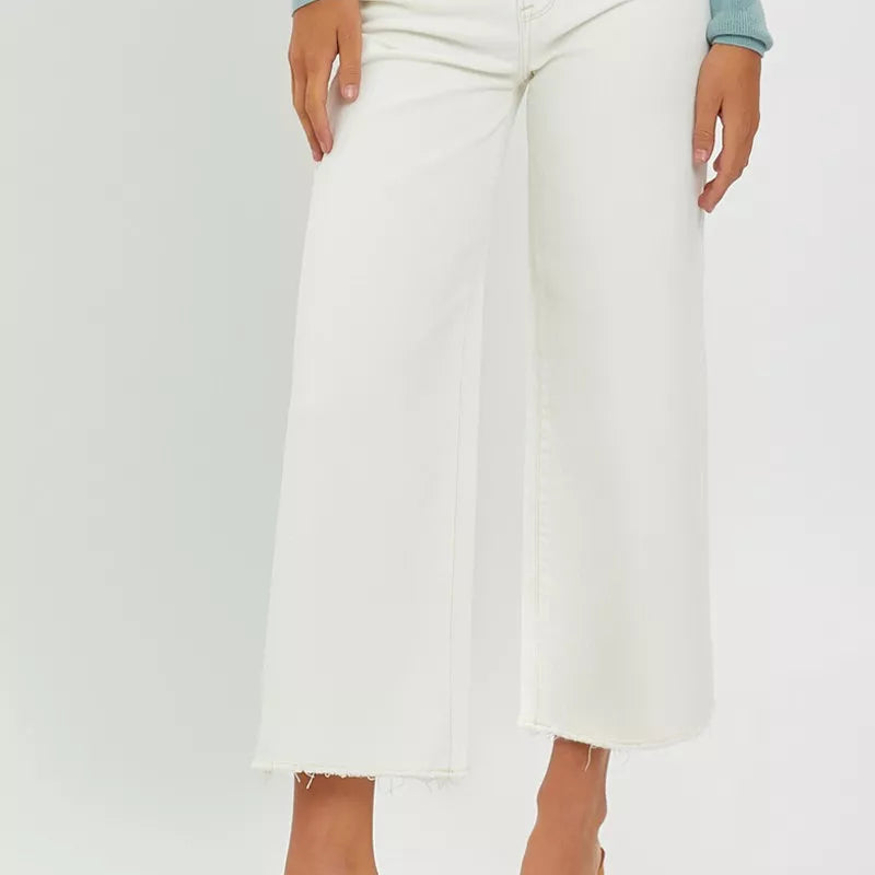 Cream RISEN Tummy Control High Rise Crop Wide Jeans | Jeans Daverri Fashions