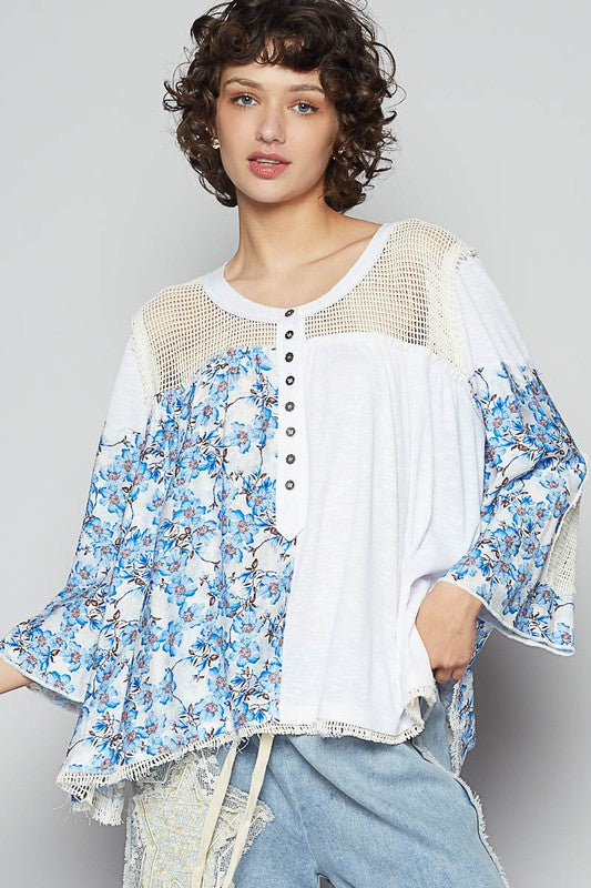 POL Washed Floral Print Crochet Detail Top White