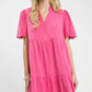Umgee linen tiered babydoll dress in vibrant pink with scalloped puffy sleeves
