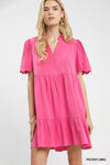 Umgee linen tiered babydoll dress in vibrant pink with scalloped puffy sleeves