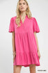 Umgee linen tiered babydoll dress in vibrant pink with scalloped puffy sleeves