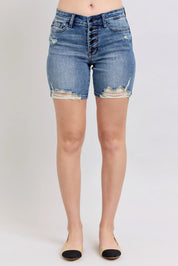 Judy Blue Button Fly Mid Length Denim Shorts W/ Destroy | Shorts Daverri Fashions