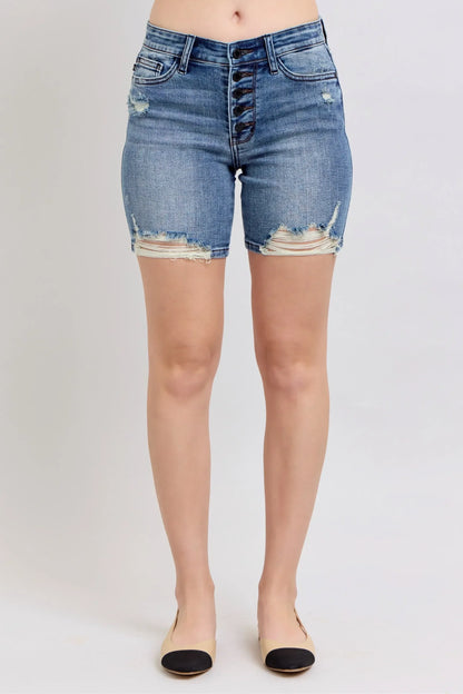 Judy Blue Button Fly Mid Length Denim Shorts W/ Destroy - DAVERRI FASHIONS