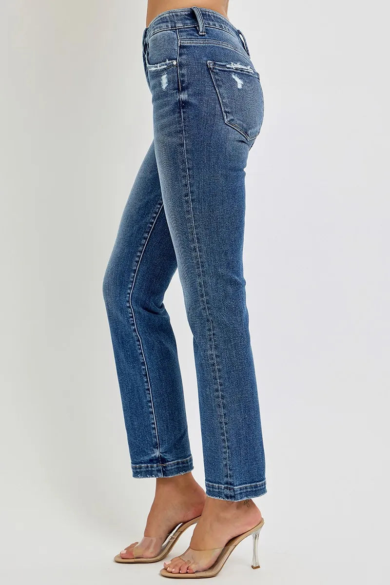 RISEN Full Size Tummy Control Elastic Band Mid Rise Straight Jeans Jeans