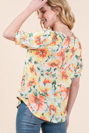 BOMBOM Floral Round Neck Puff Sleeve Top | Tops Daverri Fashions