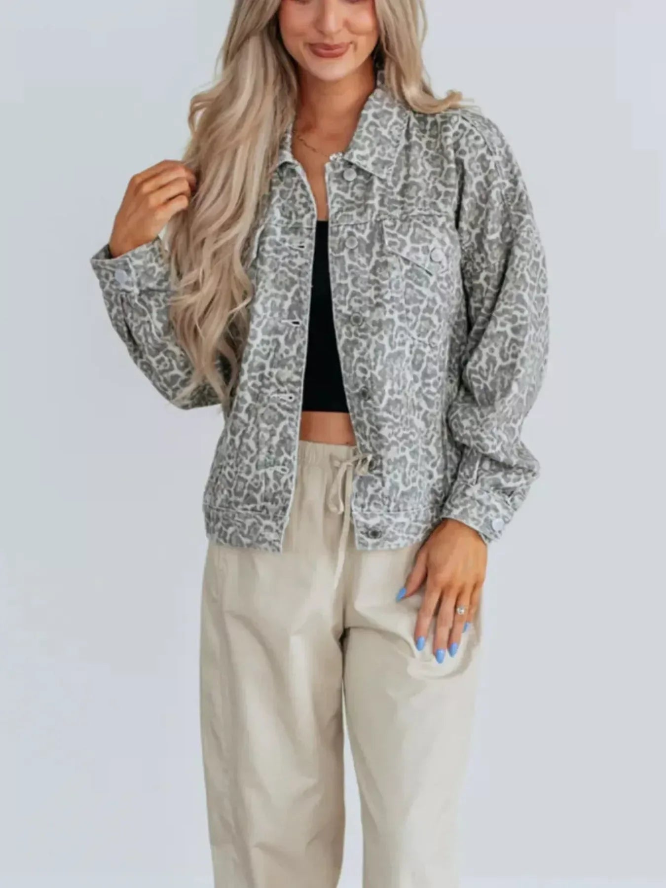 Leopard Button Up Denim Jacket - DAVERRI FASHIONS