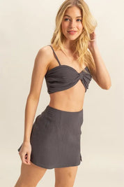 HYFVE Charcoal Ruched Bra Top and Mini Skirt Set | Outfit Sets Daverri Fashions