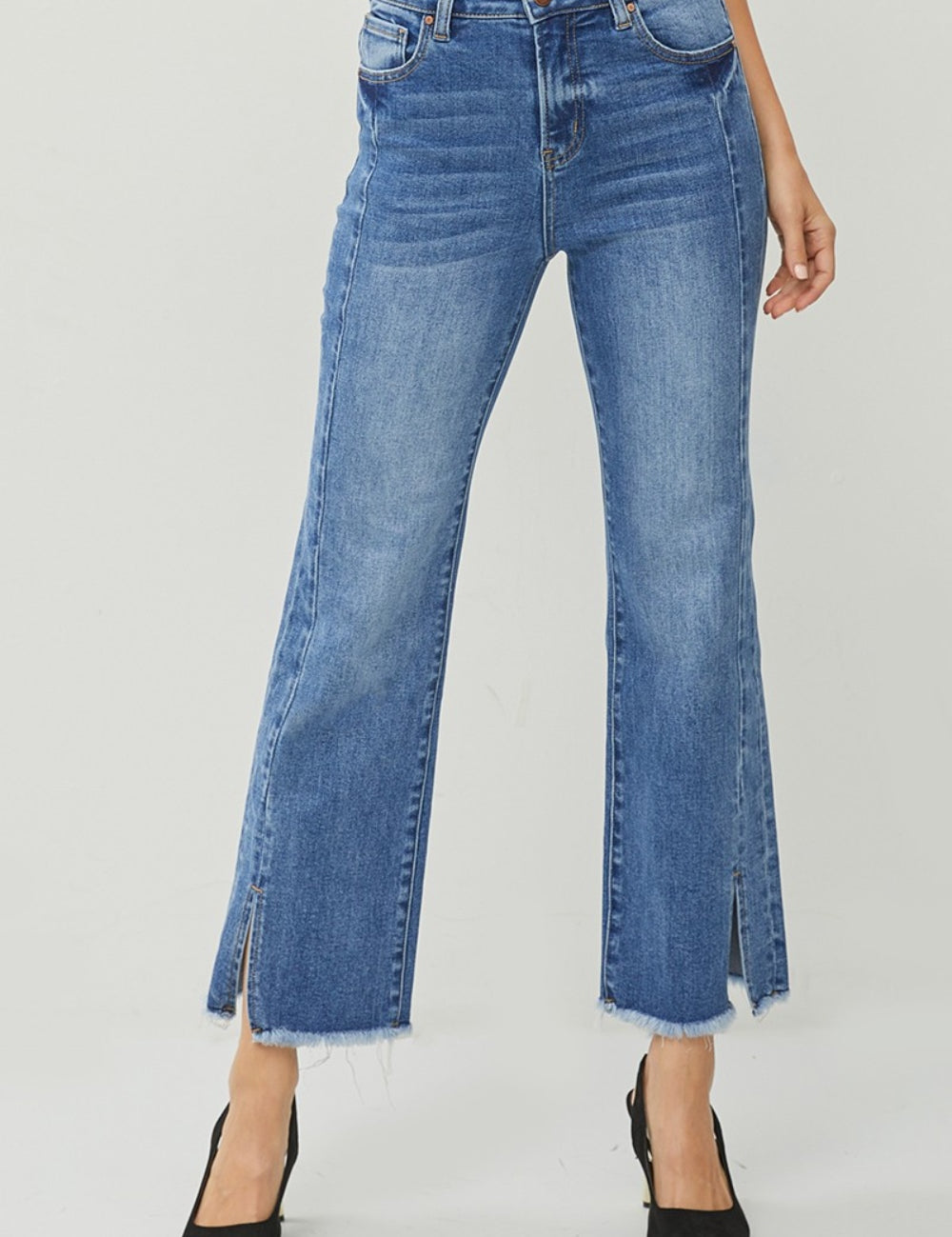 RISEN High Waist Raw Hem Slit Straight Jeans DARK