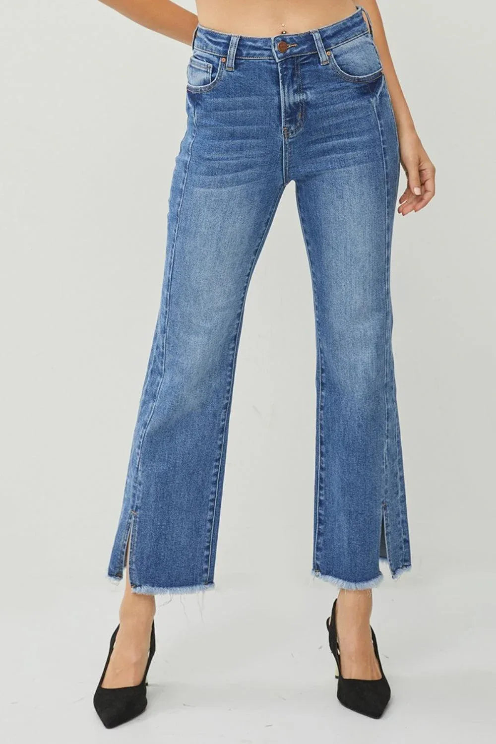 RISEN High Waist Raw Hem Slit Straight Jeans - DAVERRI FASHIONS