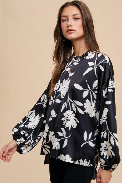 Annie Wear Frill Printed Balloon Sleeve Blouse - DAVERRI FASHIONS