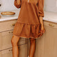 Cozy rust-colored ruffled hem zip front texture dress with textured weave