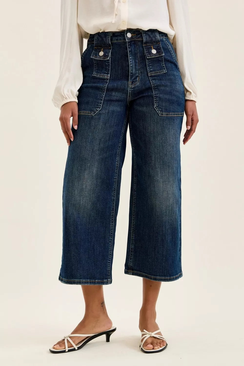 Judy Blue high-waisted dark blue denim culottes with front pockets and button closure