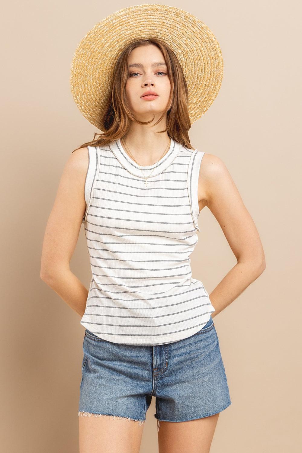 Ces Femme Striped Round Neck Tank Ivory Tank Tops