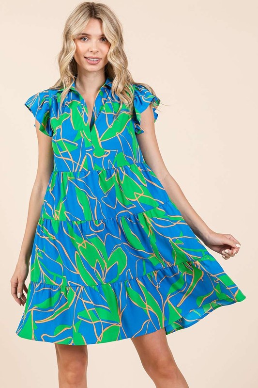 Mittoshop Leaf Print Ruffle Sleeve Tiered Mini Dress