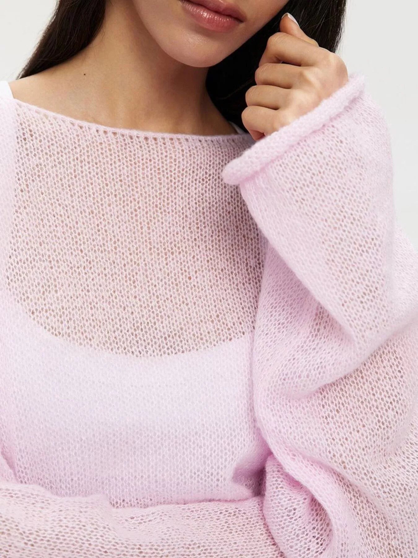 Soft light pink boat neck dropped shoulder openwork sweater