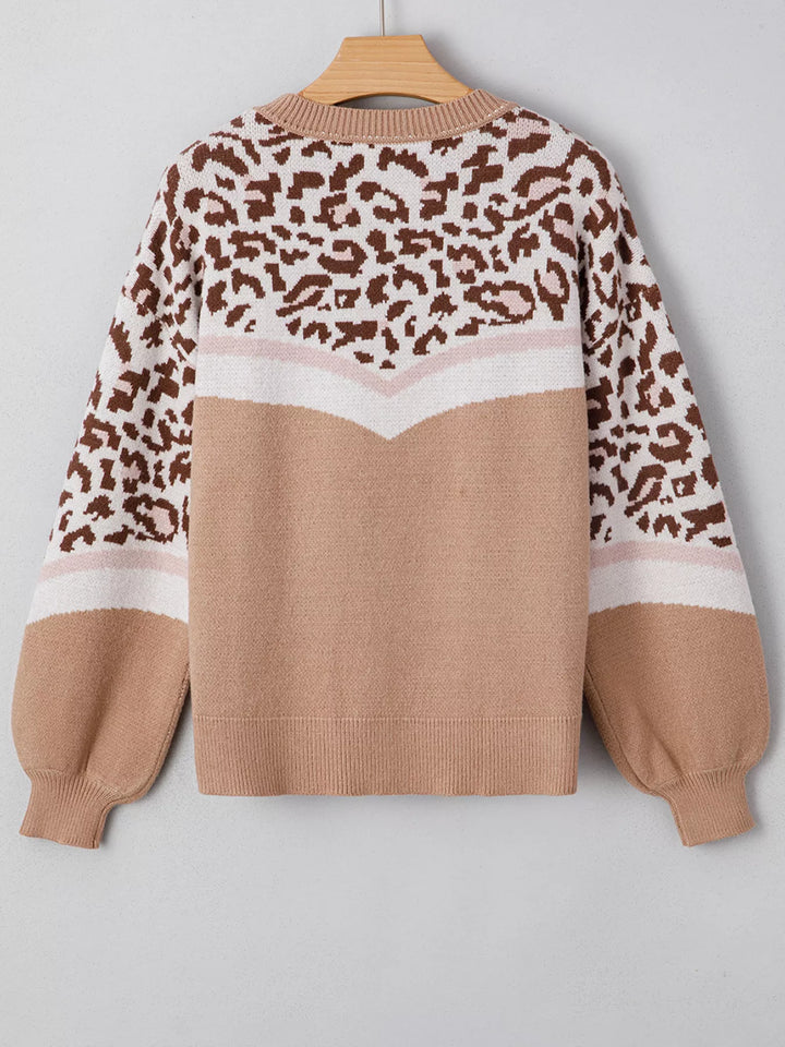Leopard Color Block Knit Round Neck Baggy Sweater | Sweaters Daverri Fashions