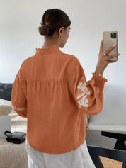 Daverri Fashions Embroidered Notched Long Sleeve Blouse - DAVERRI FASHIONS