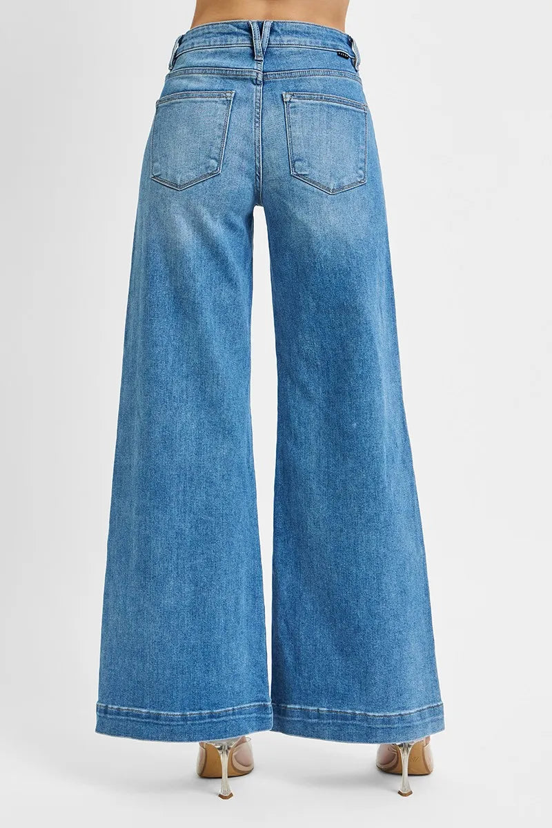 RISEN Full Size Mid Rise Wide Front Patch Pocket Jeans Jeans