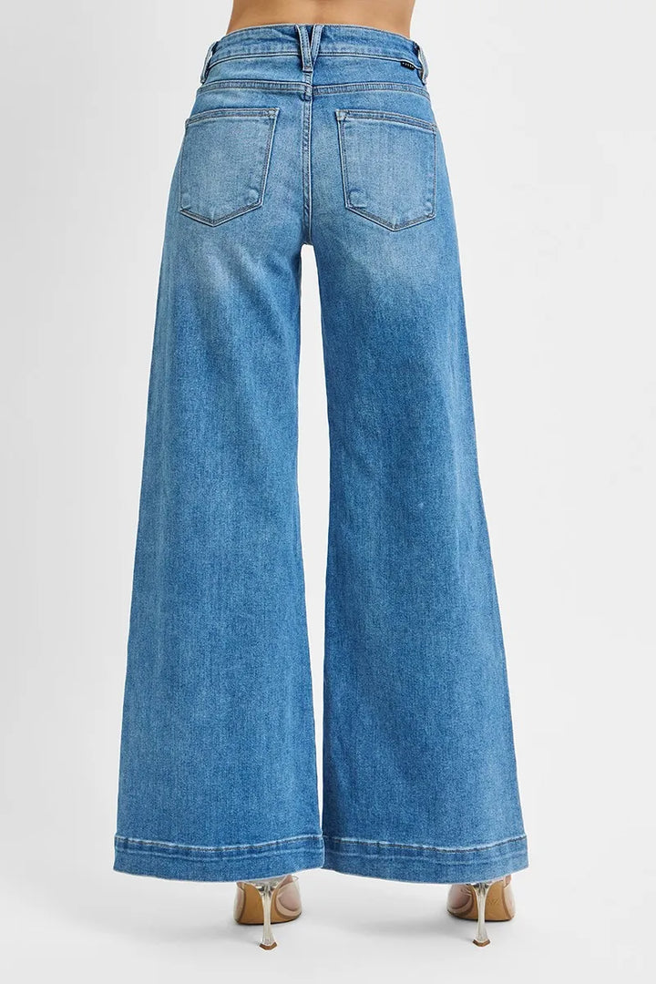 RISEN Full Size Mid Rise Wide Front Patch Pocket Jeans Jeans