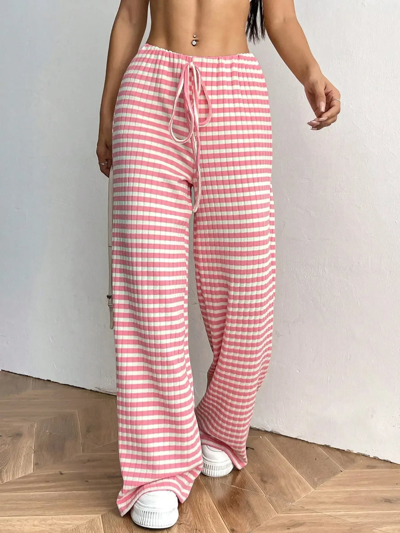 Striped Wide Leg Drawstring Pants - DAVERRI FASHIONS
