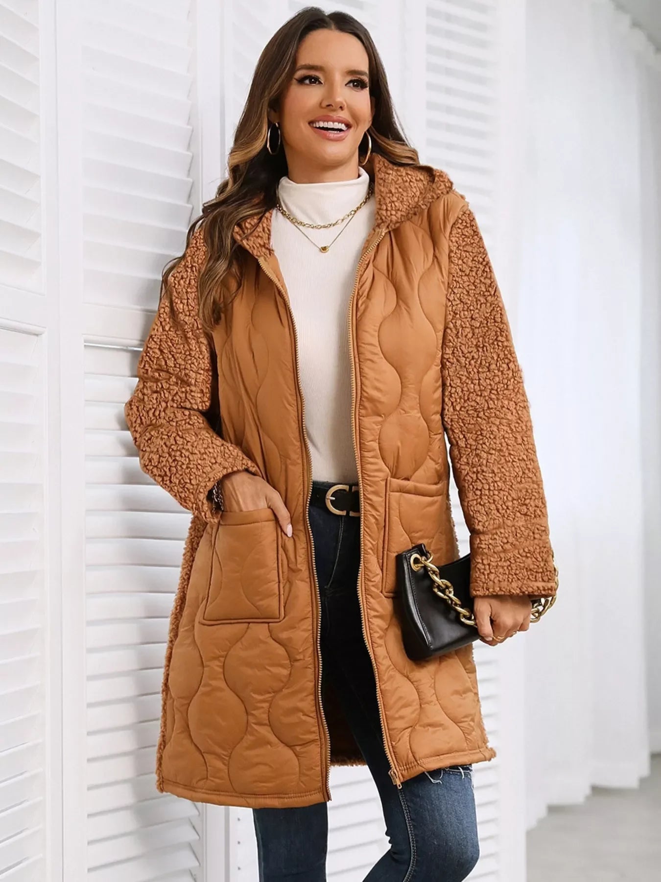 Brown quilted Shein teddy coat with fur-lined hood and zip pockets