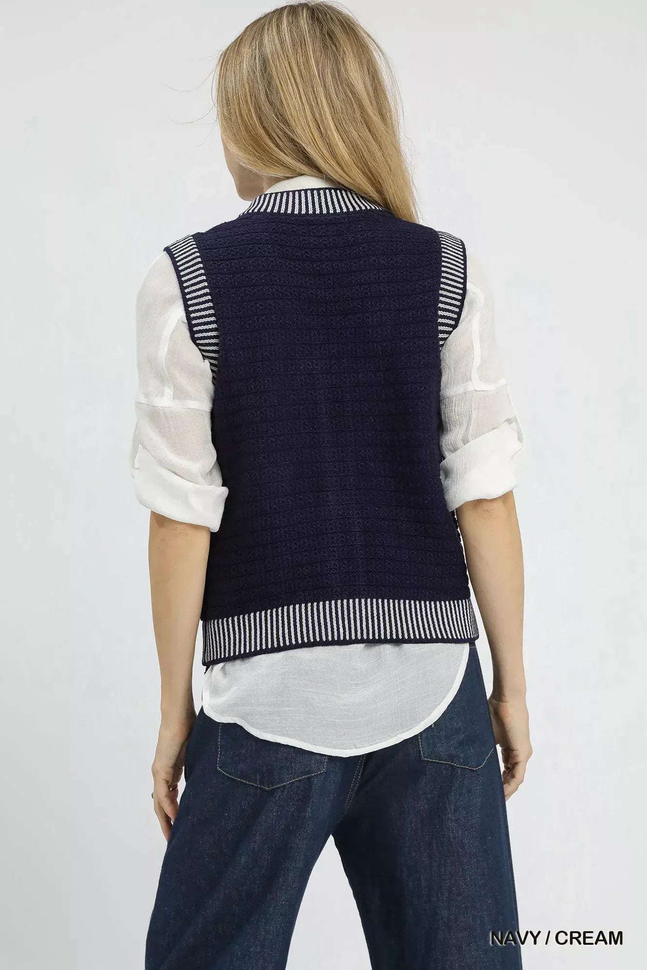 Umgee Contrast Striped Trim Button-Down Sweater Vest - DAVERRI FASHIONS